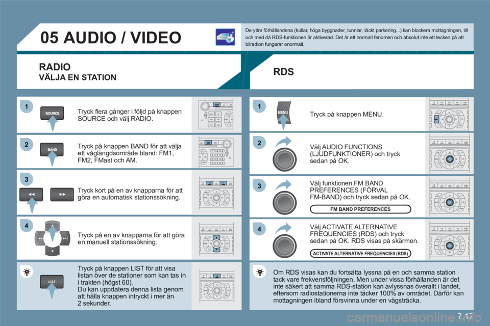 CITROEN C6 2012 InstruktionsbÖcker (in Swedish) 7.17
11
22
33
44
11
22
33
44
05AUDIO / VIDEO
RADIO
VÄLJA EN STATION
Tryck fl era gånger i följd på knappen SOURCE och välj RADIO.
Tryck på knappen BAND för att välja ett våglängds CITROEN C6 2012 InstruktionsbÖcker (in Swedish) 7.17
11
22
33
44
11
22
33
44
05AUDIO / VIDEO
RADIO
VÄLJA EN STATION
Tryck fl era gånger i följd på knappen SOURCE och välj RADIO.
Tryck på knappen BAND för att välja ett våglängds