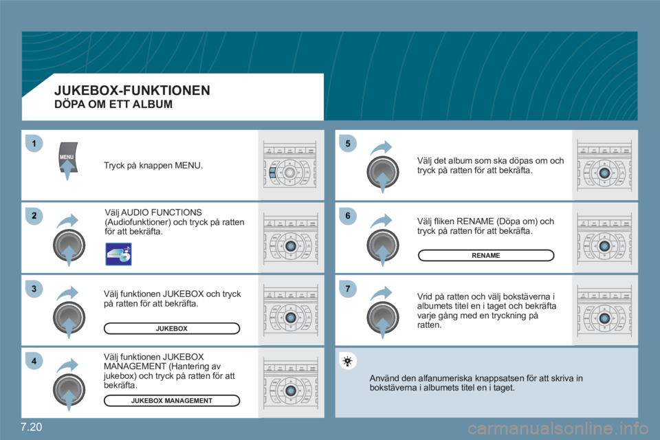 CITROEN C6 2012 InstruktionsbÖcker (in Swedish) 7.20
66
77
55
2
33
44
11
RENAME
JUKEBOX
JUKEBOX MANAGEMENT
Tryck på knappen MENU.
Välj AUDIO FUNCTIONS (Audiofunktioner) och tryck på ratten för att bekräfta.
Välj funktionen JUKEBOX och tryck CITROEN C6 2012 InstruktionsbÖcker (in Swedish) 7.20
66
77
55
2
33
44
11
RENAME
JUKEBOX
JUKEBOX MANAGEMENT
Tryck på knappen MENU.
Välj AUDIO FUNCTIONS (Audiofunktioner) och tryck på ratten för att bekräfta.
Välj funktionen JUKEBOX och tryck