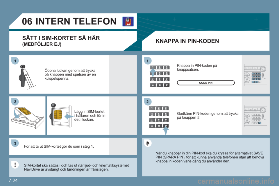 CITROEN C6 2012 InstruktionsbÖcker (in Swedish) 7.24
11
22
33
11
22
06
INTERN TELEFON
KNAPPA IN PIN-KODEN
Öppna luckan genom att trycka på knappen med spetsen av en kulspetspenna.
Lägg in SIM-korteti hållaren och för indet i luckan. CITROEN C6 2012 InstruktionsbÖcker (in Swedish) 7.24
11
22
33
11
22
06
INTERN TELEFON
KNAPPA IN PIN-KODEN
Öppna luckan genom att trycka på knappen med spetsen av en kulspetspenna.
Lägg in SIM-korteti hållaren och för indet i luckan.