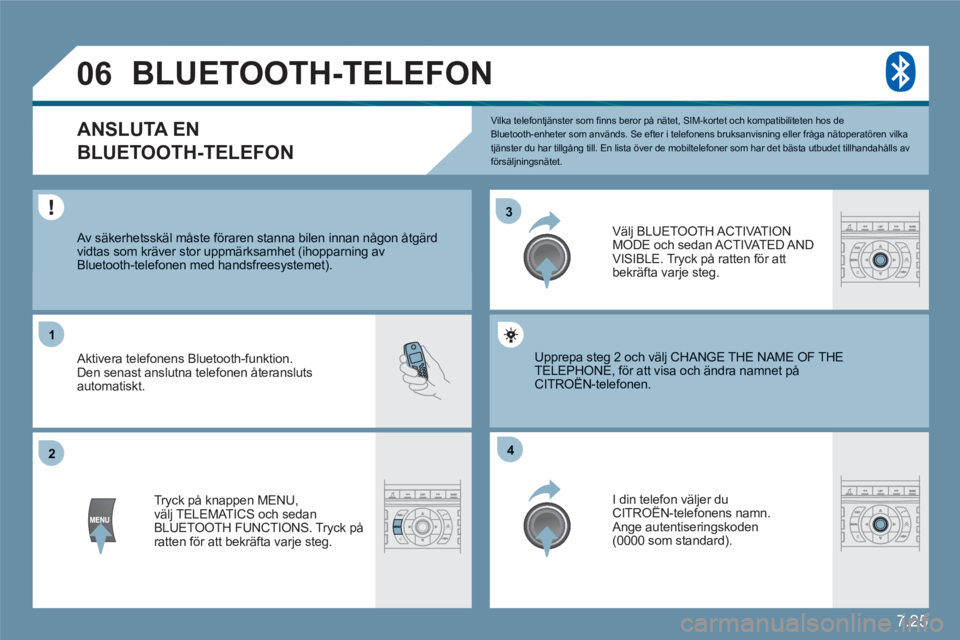 CITROEN C6 2012 InstruktionsbÖcker (in Swedish) 7.25
33
22
11
44
06
Vilka telefontjänster som fi nns beror på nätet, SIM-kortet och kompatibiliteten hos deBluetooth-enheter som används. Se efter i telefonens bruksanvisning eller fråga näto CITROEN C6 2012 InstruktionsbÖcker (in Swedish) 7.25
33
22
11
44
06
Vilka telefontjänster som fi nns beror på nätet, SIM-kortet och kompatibiliteten hos deBluetooth-enheter som används. Se efter i telefonens bruksanvisning eller fråga näto