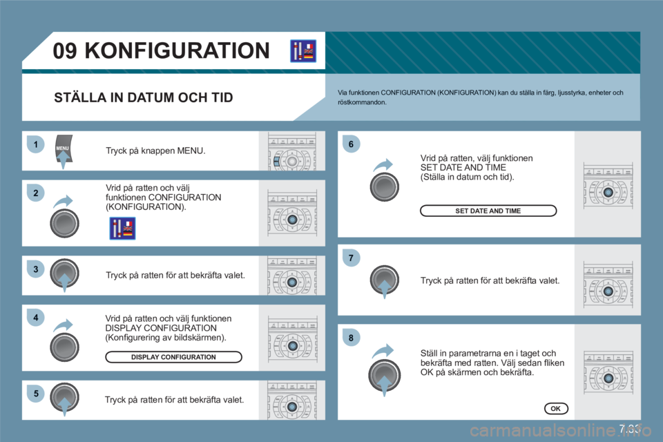 CITROEN C6 2012 InstruktionsbÖcker (in Swedish) 7.33
11
22
33
44
55
66
77
88
09KONFIGURATION
STÄLLA IN DATUM OCH TID
Tryck på knappen MENU.
Vrid på ratten och väljfunktionen CONFIGURATION (KONFIGURATION).
Tryck på ratten för att bekräfta v CITROEN C6 2012 InstruktionsbÖcker (in Swedish) 7.33
11
22
33
44
55
66
77
88
09KONFIGURATION
STÄLLA IN DATUM OCH TID
Tryck på knappen MENU.
Vrid på ratten och väljfunktionen CONFIGURATION (KONFIGURATION).
Tryck på ratten för att bekräfta v