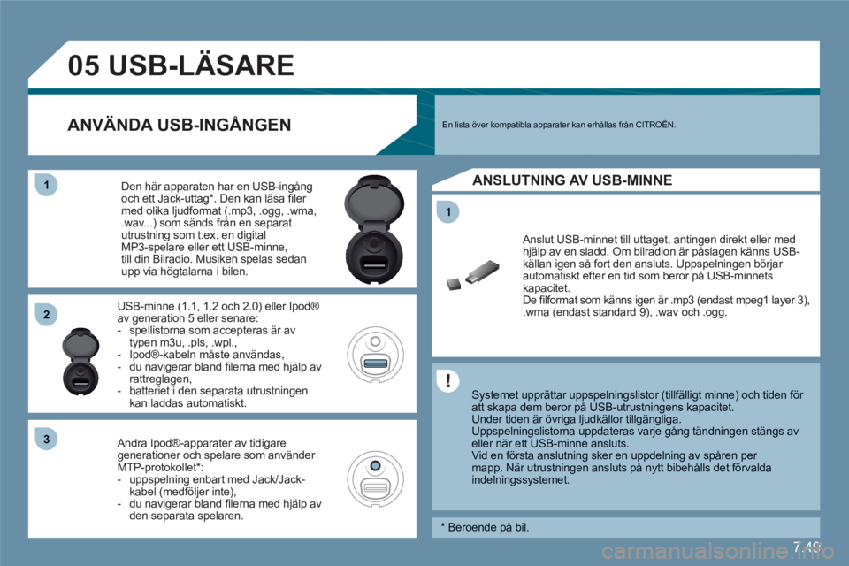 CITROEN C6 2012  InstruktionsbÖcker (in Swedish) 7.49
11
05
11
22
33
   
 
 
 
 
 
 
 
USB-LÄSARE 
 
 Systemet upprättar uppspelningslistor (tillfälligt minne) och tiden för att skapa dem beror på USB-utrustningens kapacitet. 
Under tiden är �