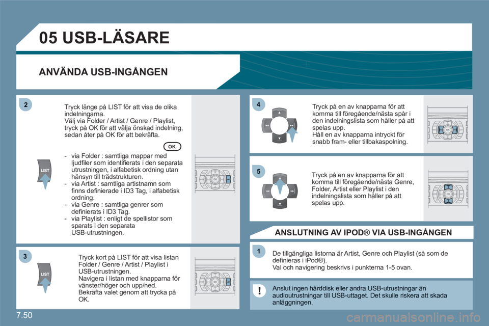 CITROEN C6 2012  InstruktionsbÖcker (in Swedish) 7.50
33
05
44
11
55
22
  USB-LÄSARE 
ANVÄNDA USB-INGÅNGEN
Tryck kort på LIST för att visa listanFolder / Genre / Artist / Playlist iUSB-utrustningen. Navigera i listan med knapparna för vänster