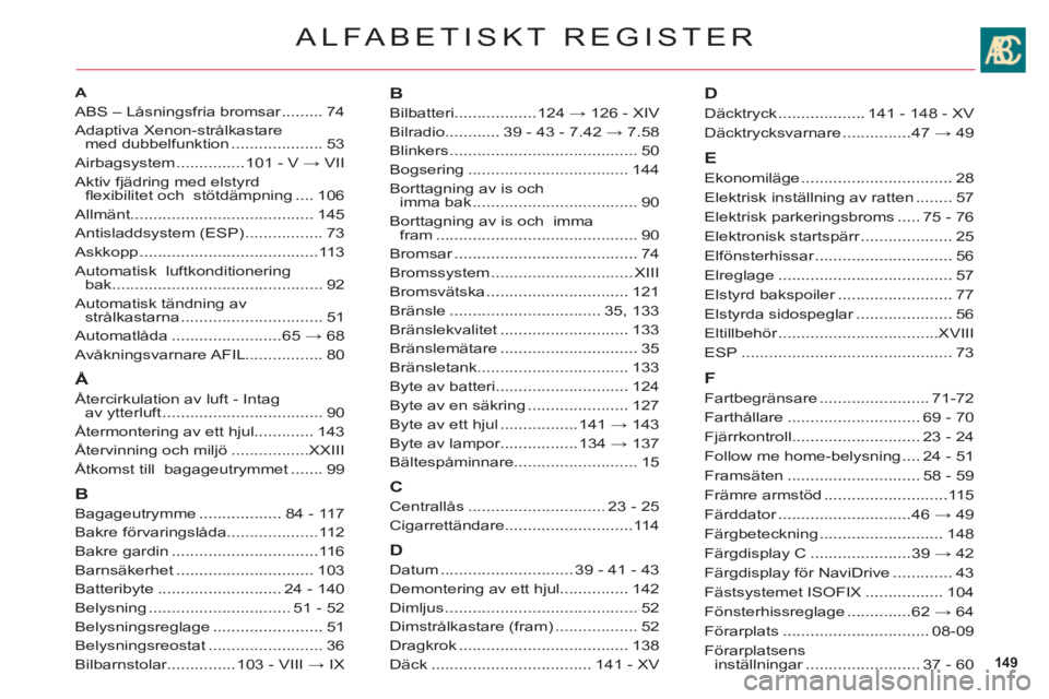 CITROEN C6 2012 InstruktionsbÖcker (in Swedish) 149
ALFABETISKT REGISTER
A
ABS – Låsningsfria bromsar.........r74
Adaptiva Xenon-strålkastare med dubbelfunktion ....................53
Airbagsystem...............101 - V → VII
Aktiv fjädring CITROEN C6 2012 InstruktionsbÖcker (in Swedish) 149
ALFABETISKT REGISTER
A
ABS – Låsningsfria bromsar.........r74
Adaptiva Xenon-strålkastare med dubbelfunktion ....................53
Airbagsystem...............101 - V → VII
Aktiv fjädring