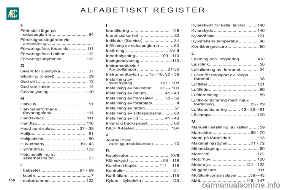 CITROEN C6 2012 InstruktionsbÖcker (in Swedish) 150
ALFABETISKT REGISTER
F
Förinställt läge på sidospeglarna .............................64
Försiktighetsåtgärder vid användning....................................I
Förvaringsfack förarsi CITROEN C6 2012 InstruktionsbÖcker (in Swedish) 150
ALFABETISKT REGISTER
F
Förinställt läge på sidospeglarna .............................64
Försiktighetsåtgärder vid användning....................................I
Förvaringsfack förarsi