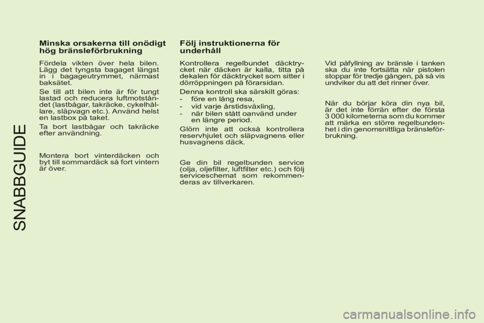 CITROEN C6 2012 InstruktionsbÖcker (in Swedish) S
NABB
GU
ID
E
Minska orsakerna till onödigthög bränsleförbrukning
Fördela vikten över hela bilen.
Lägg det tyngsta bagaget längst
in i bagageutrymmet, närmast
baksätet.
Se til CITROEN C6 2012 InstruktionsbÖcker (in Swedish) S
NABB
GU
ID
E
Minska orsakerna till onödigthög bränsleförbrukning
Fördela vikten över hela bilen.
Lägg det tyngsta bagaget längst
in i bagageutrymmet, närmast
baksätet.
Se til