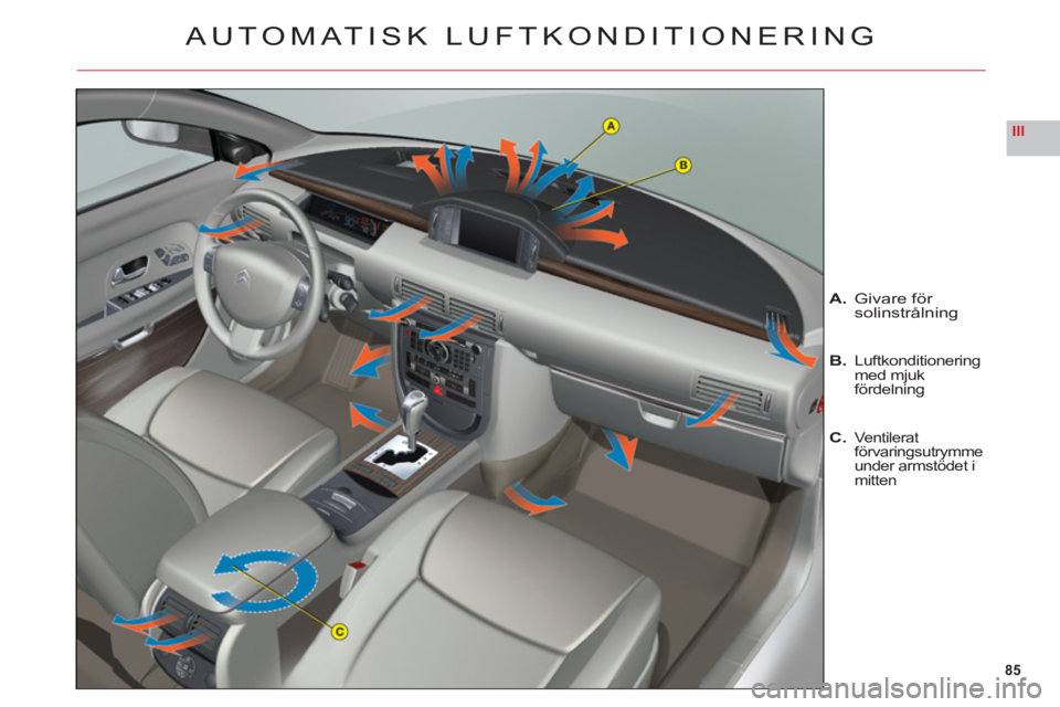 CITROEN C6 2012 InstruktionsbÖcker (in Swedish) 85
III
AUTOMATISK LUFTKONDITIONERING
A.Givare för solinstrålning
B.Luftkonditioneringmed mjuk fördelning
C.Ventilerat förvaringsutrymme under armstödet i
mitten CITROEN C6 2012 InstruktionsbÖcker (in Swedish) 85
III
AUTOMATISK LUFTKONDITIONERING
A.Givare för solinstrålning
B.Luftkonditioneringmed mjuk fördelning
C.Ventilerat förvaringsutrymme under armstödet i
mitten