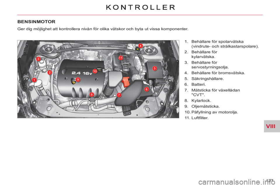 CITROEN C-CROSSER 2012  InstruktionsbÖcker (in Swedish) VIII
127 
BENSINMOTOR 
   
 
1.   Behållare för spolarvätska 
(vindrute- och strålkastarspolare). 
   
2.  Behållare för
kylarvätska. 
   
3.  Behållare för
servostyrningsolja. 
   
4.   Beh