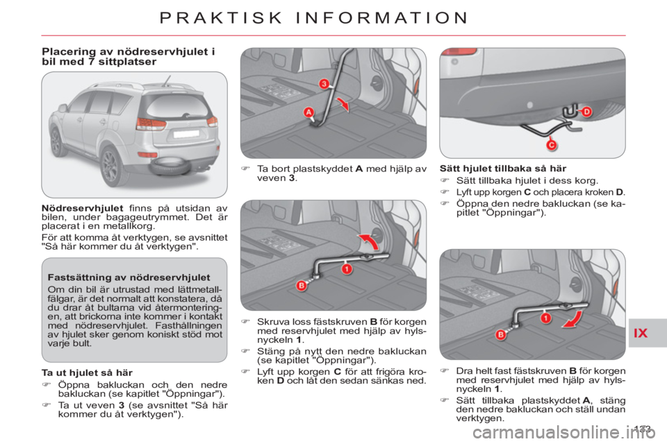 CITROEN C-CROSSER 2012 InstruktionsbÖcker (in Swedish) IX
PRAKTISK INFORMATION
133
Fastsättning av nödreservhjulet
Om din bil är utrustad med lättmetall-
fälgar, är det normalt att konstatera, då
du drar åt bultarna vid återmontering-
en CITROEN C-CROSSER 2012 InstruktionsbÖcker (in Swedish) IX
PRAKTISK INFORMATION
133
Fastsättning av nödreservhjulet
Om din bil är utrustad med lättmetall-
fälgar, är det normalt att konstatera, då
du drar åt bultarna vid återmontering-
en