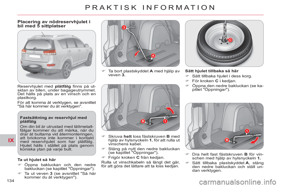 CITROEN C-CROSSER 2012 InstruktionsbÖcker (in Swedish) IX
PRAKTISK INFORMATION
134
Placering av nödreservhjulet i bil med 5 sittplatser
Reservhjulet med plåtfälg
fi nns på ut-
sidan av bilen, under bagageutrymmet.
Det h CITROEN C-CROSSER 2012 InstruktionsbÖcker (in Swedish) IX
PRAKTISK INFORMATION
134
Placering av nödreservhjulet i bil med 5 sittplatser
Reservhjulet med plåtfälg
fi nns på ut-
sidan av bilen, under bagageutrymmet.
Det h