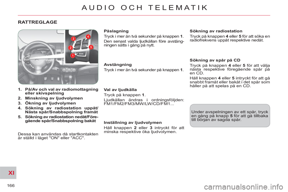 CITROEN C-CROSSER 2012  InstruktionsbÖcker (in Swedish) XI
166
AUDIO OCH TELEMATIK
RATTREGLAGE
   
 
 
1. 
  På/Av och val av radiomottagning 
eller skivspelning 
 
   
2. 
  Minskning av ljudvolymen 
 
   
3. 
  Ökning av ljudvolymen 
 
   
4. 
  Sökni