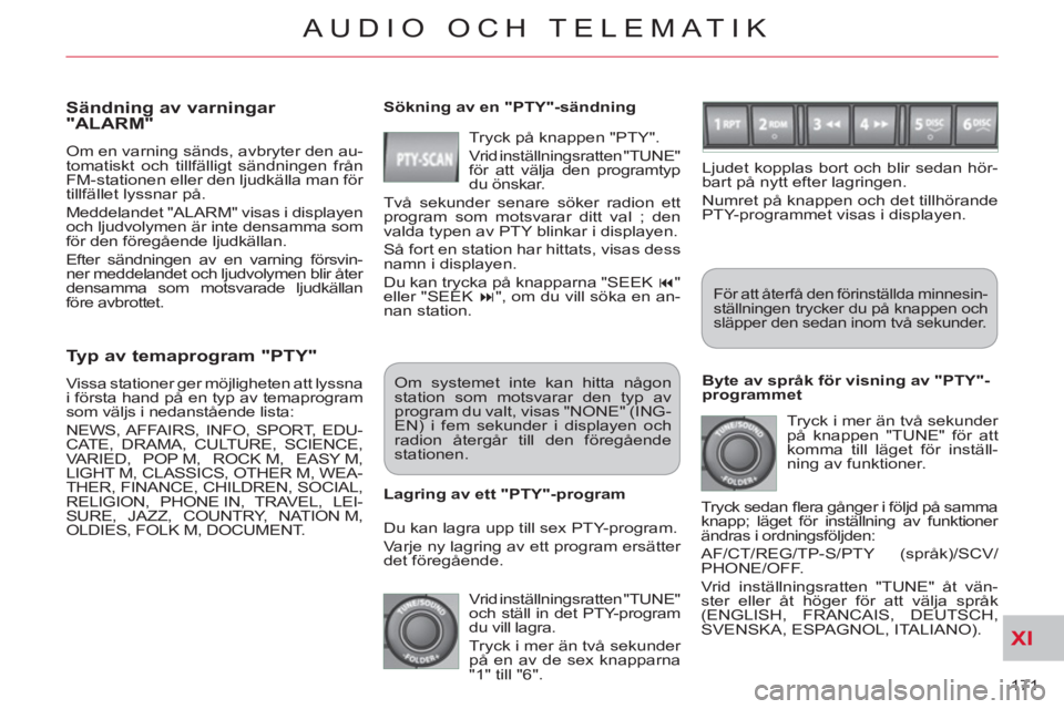 CITROEN C-CROSSER 2012 InstruktionsbÖcker (in Swedish) XI
171
AUDIO OCH TELEMATIK
Typ av temaprogram "PTY"
Vissa stationer ger möjligheten att lyssna
i första hand på en typ av temaprogram
som väljs i nedanstående lista:
NEWS, AFFAIRS, IN CITROEN C-CROSSER 2012 InstruktionsbÖcker (in Swedish) XI
171
AUDIO OCH TELEMATIK
Typ av temaprogram "PTY"
Vissa stationer ger möjligheten att lyssna
i första hand på en typ av temaprogram
som väljs i nedanstående lista:
NEWS, AFFAIRS, IN