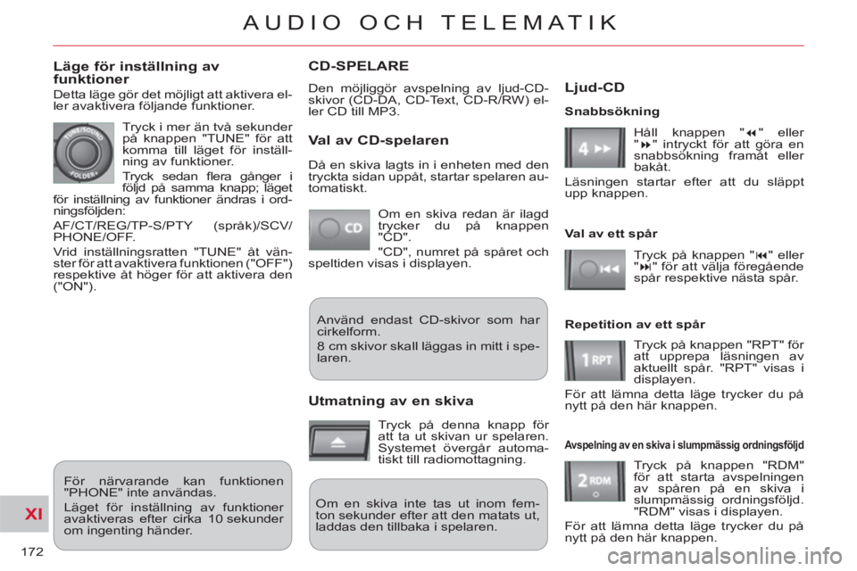 CITROEN C-CROSSER 2012 InstruktionsbÖcker (in Swedish) XI
172
AUDIO OCH TELEMATIK
CD-SPELARE
Den möjliggör avspelning av ljud-CD-
skivor (CD-DA, CD-Text, CD-R/RW) el-
ler CD till MP3.
Val av CD-spelaren
Om en skiva redan är ilagd
trycker du på k CITROEN C-CROSSER 2012 InstruktionsbÖcker (in Swedish) XI
172
AUDIO OCH TELEMATIK
CD-SPELARE
Den möjliggör avspelning av ljud-CD-
skivor (CD-DA, CD-Text, CD-R/RW) el-
ler CD till MP3.
Val av CD-spelaren
Om en skiva redan är ilagd
trycker du på k