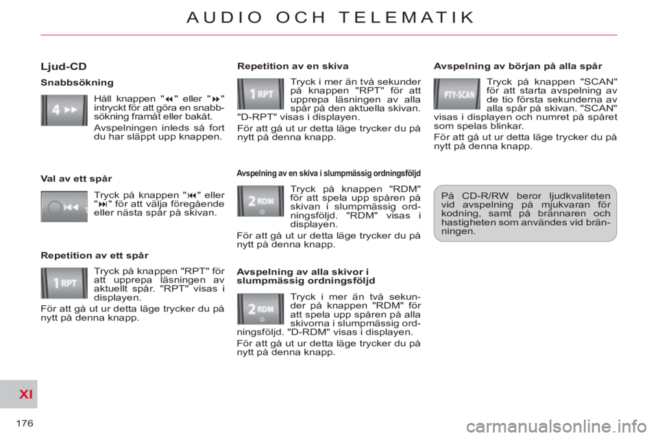 CITROEN C-CROSSER 2012 InstruktionsbÖcker (in Swedish) XI
176
AUDIO OCH TELEMATIK
Avspelning av början på alla spår
Tryck på knappen "SCAN"
för att starta avspelning av
de tio första sekunderna av
alla spår på skivan. "SCAN"
visas i dis CITROEN C-CROSSER 2012 InstruktionsbÖcker (in Swedish) XI
176
AUDIO OCH TELEMATIK
Avspelning av början på alla spår
Tryck på knappen "SCAN"
för att starta avspelning av
de tio första sekunderna av
alla spår på skivan. "SCAN"
visas i dis