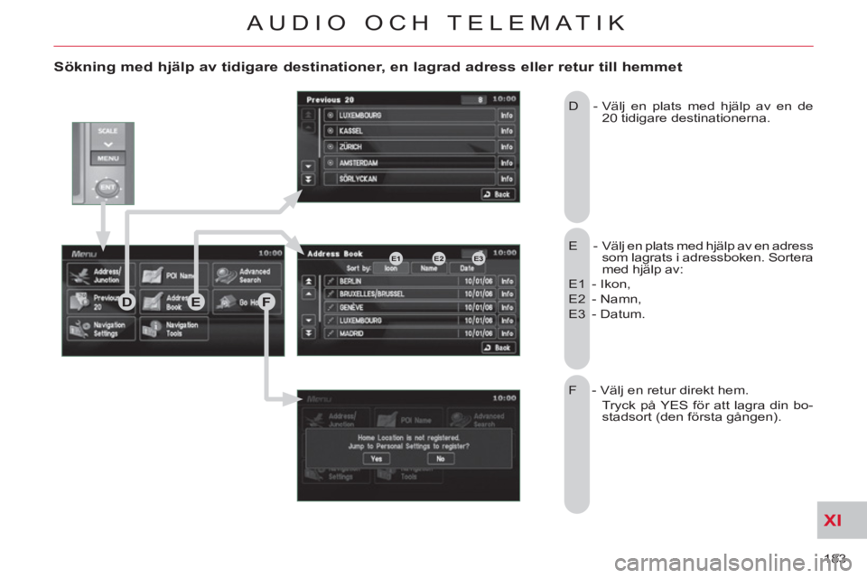 CITROEN C-CROSSER 2012 InstruktionsbÖcker (in Swedish) XI
183
AUDIO OCH TELEMATIK
Sökning med hjälp av tidigare destinationer, en lagrad adress eller retur till hemmet
E - Välj en plats med hjälp av en adress
som lagrats i adressboken. Sor CITROEN C-CROSSER 2012 InstruktionsbÖcker (in Swedish) XI
183
AUDIO OCH TELEMATIK
Sökning med hjälp av tidigare destinationer, en lagrad adress eller retur till hemmet
E - Välj en plats med hjälp av en adress
som lagrats i adressboken. Sor