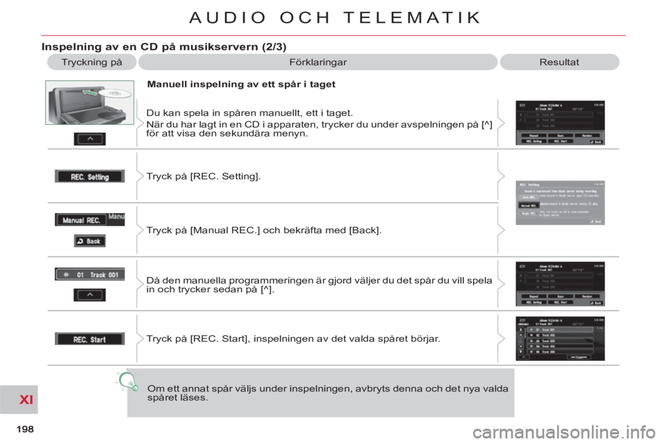 CITROEN C-CROSSER 2012  InstruktionsbÖcker (in Swedish) XI
AUDIO OCH TELEMATIK
   
Inspelning av en CD på musikservern (2/3) 
 
Tryckning på   Förklaringar  Resultat 
   
Manuell inspelning av ett spår i taget 
  Du kan spela in spåren manuellt, ett i