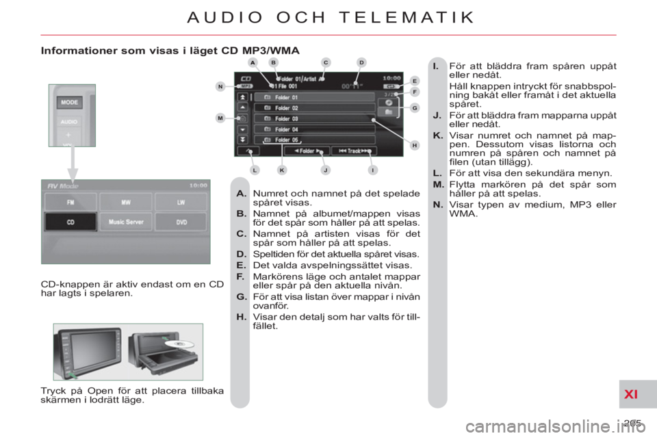 CITROEN C-CROSSER 2012  InstruktionsbÖcker (in Swedish) XI
205 
AUDIO OCH TELEMATIK
   
Informationer som visas i läget CD MP3/WMA 
 
 
 
A. 
  Numret och namnet på det spelade 
spåret visas. 
   
B. 
 Namnet på albumet/mappen visas 
för det spår som