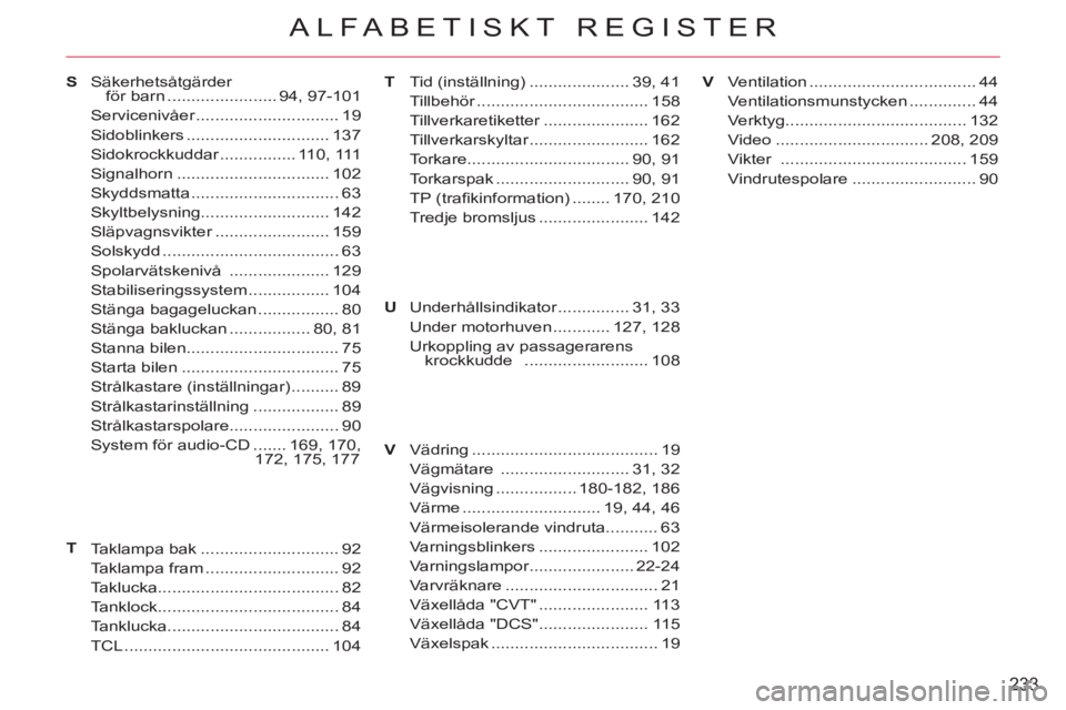 CITROEN C-CROSSER 2012 InstruktionsbÖcker (in Swedish) 233
ALFABETISKT REGISTER
TU Säkerhetsåtgärder
för barn ....................... 94, 97-101
Servicenivåer .............................. 19
Sidoblinkers .............................. 137
Sidokroc CITROEN C-CROSSER 2012 InstruktionsbÖcker (in Swedish) 233
ALFABETISKT REGISTER
TU Säkerhetsåtgärder
för barn ....................... 94, 97-101
Servicenivåer .............................. 19
Sidoblinkers .............................. 137
Sidokroc