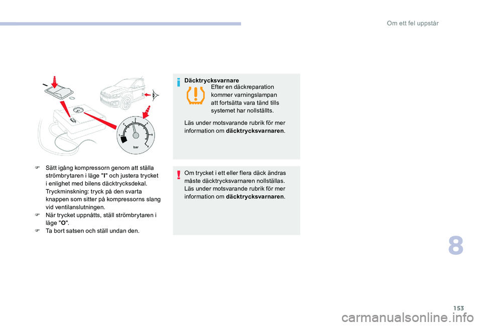 CITROEN C-ELYSÉE 2017 InstruktionsbÖcker (in Swedish) 153
F Sätt igång kompressorn genom att ställa strömbrytaren i läge " I" och justera trycket
i enlighet med bilens däcktrycksdekal.
Tryckminskning: tryck på den svarta
knappen som sit CITROEN C-ELYSÉE 2017 InstruktionsbÖcker (in Swedish) 153
F Sätt igång kompressorn genom att ställa strömbrytaren i läge " I" och justera trycket
i enlighet med bilens däcktrycksdekal.
Tryckminskning: tryck på den svarta
knappen som sit