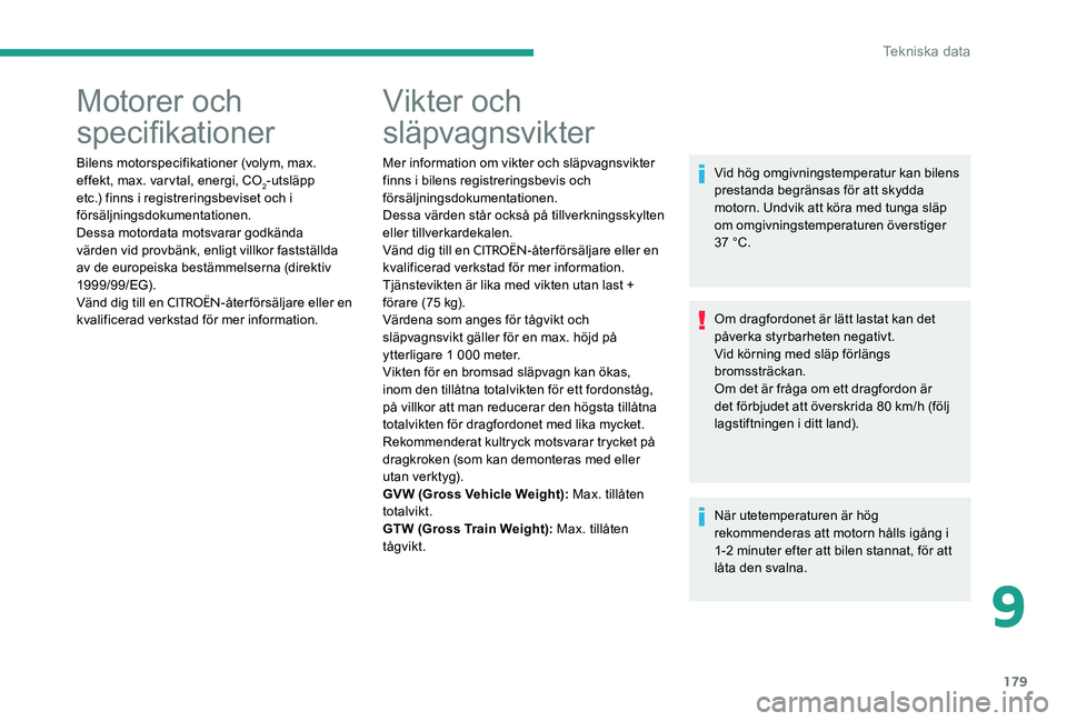 CITROEN C-ELYSÉE 2017 InstruktionsbÖcker (in Swedish) 179
Motorer och
specifikationer
Bilens motorspecifikationer (volym, max.
effekt, max. varvtal, energi, CO
2-utsläpp
etc.) finns i registreringsbeviset och i
försäljningsdokumentationen.
Dessa m CITROEN C-ELYSÉE 2017 InstruktionsbÖcker (in Swedish) 179
Motorer och
specifikationer
Bilens motorspecifikationer (volym, max.
effekt, max. varvtal, energi, CO
2-utsläpp
etc.) finns i registreringsbeviset och i
försäljningsdokumentationen.
Dessa m