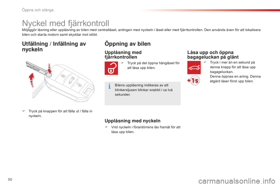 CITROEN C-ELYSÉE 2016 InstruktionsbÖcker (in Swedish) 30
C-Elysee_sv_Chap02_ouvertures_ed01-2014
Möjliggör låsning eller upplåsning av bilen med centrallåset, antingen med nyckeln i låset eller med fjärrkontrollen. Den används även för att loka CITROEN C-ELYSÉE 2016 InstruktionsbÖcker (in Swedish) 30
C-Elysee_sv_Chap02_ouvertures_ed01-2014
Möjliggör låsning eller upplåsning av bilen med centrallåset, antingen med nyckeln i låset eller med fjärrkontrollen. Den används även för att loka