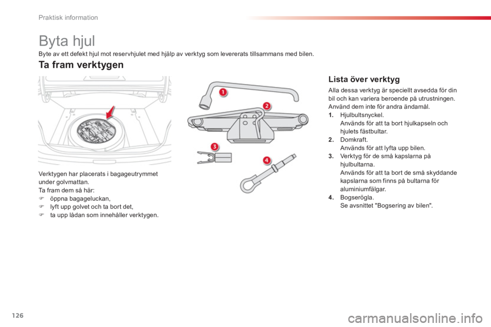 CITROEN C-ELYSÉE 2014  InstruktionsbÖcker (in Swedish) 126
Praktisk information
   
 
 
 
 
 
 
 
 
 
 
 
 
 
Byta hjul 
Ver k tygen har placerats i bagageutrymmet
under golvmattan.
Ta fram dem så här: �)öppna bagageluckan, �)lyft upp golvet och ta bor