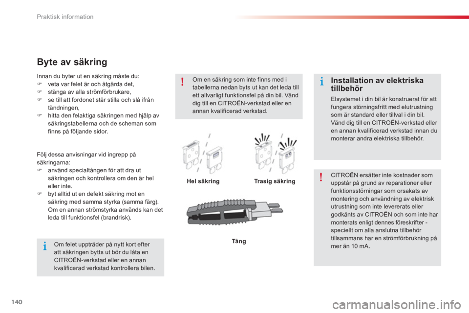 CITROEN C-ELYSÉE 2014  InstruktionsbÖcker (in Swedish) 140
Praktisk information
Byte av säkring
Hel säkringTrasig säkring CITROËN ersätter inte kostnader som uppstår på grund av reparationer eller funktionsstörningar som orsakats av montering och 