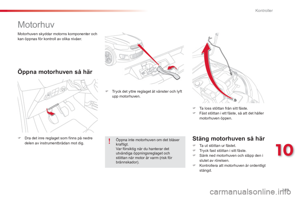 CITROEN C-ELYSÉE 2014  InstruktionsbÖcker (in Swedish) 159
10
Kontroller
   
 
 
 
 
 
 
 
Motorhuv 
 
 
Stäng motorhuven så här 
�) 
 Ta ut stöttan ur fästet. �) 
 Tryck fast stöttan i sitt fäste. �) 
 Sänk ned motorhuven och släpp den islutet a