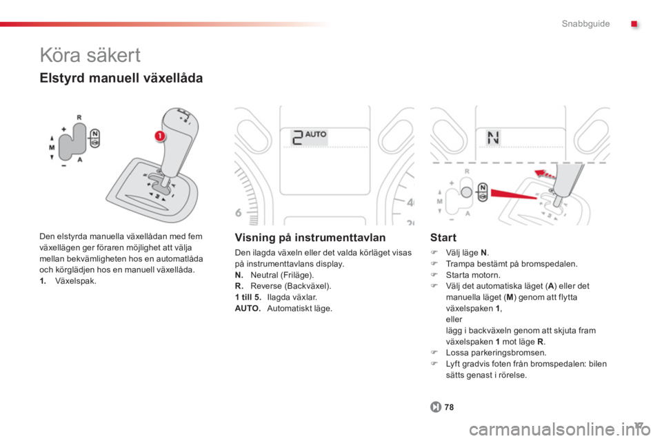 CITROEN C-ELYSÉE 2014  InstruktionsbÖcker (in Swedish) .
17
Snabbguide
  Köra säker t 
 
 
Elstyrd manuell växellåda
 
 
Den elstyrda manuella växellådan med fem
växellägen ger föraren möjlighet att välja mellan bekvämligheten hos en automatl�