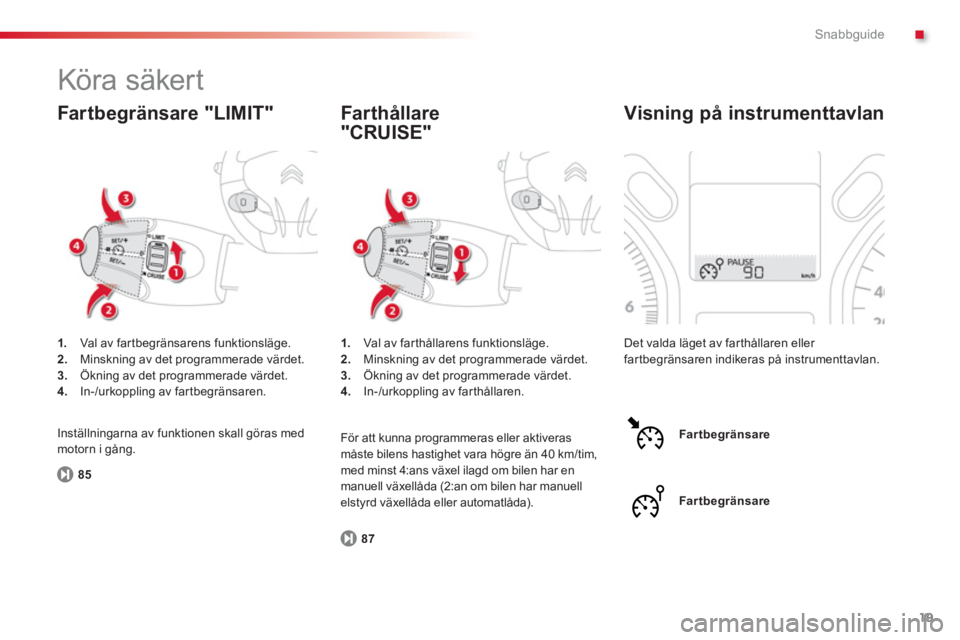 CITROEN C-ELYSÉE 2014  InstruktionsbÖcker (in Swedish) .
19
Snabbguide
  Köra säker t 
1. 
  Val av far tbegränsarens funktionsläge. 2.Minskning av det programmerade värdet.3.Ökning av det programmerade värdet. 4. 
 In-/urkoppling av far tbegränsa