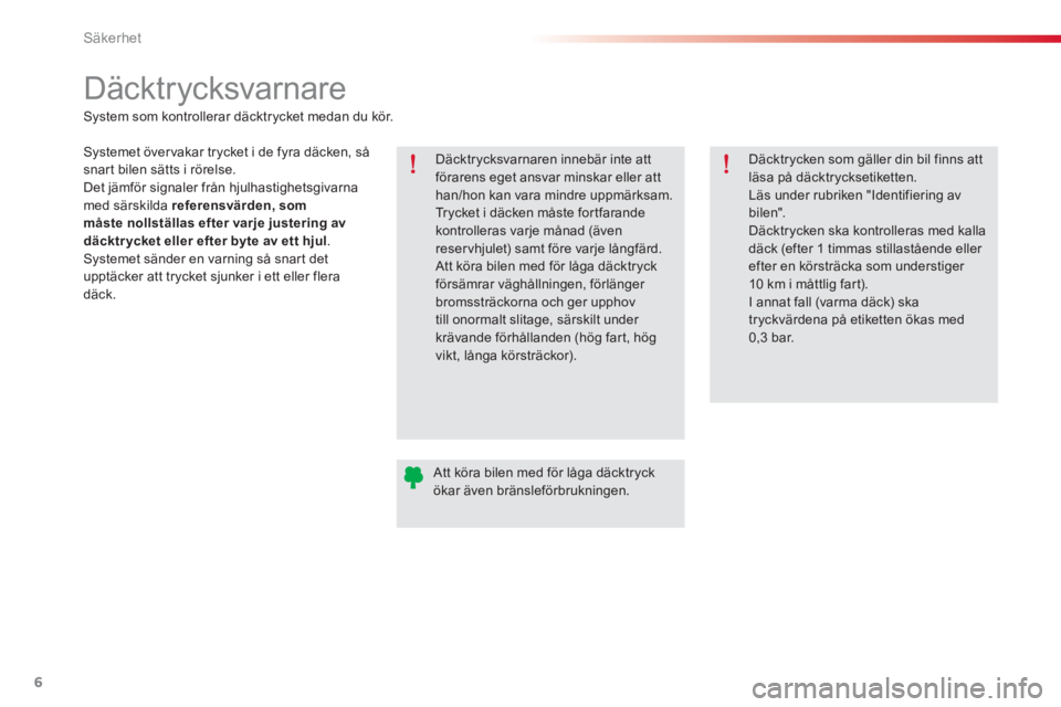 CITROEN C-ELYSÉE 2014 InstruktionsbÖcker (in Swedish) 6
Säkerhet
Däcktr ycksvarnare
Däcktrycksvarnaren innebär inte att
förarens eget ansvar minskar eller att
han/hon kan vara mindre uppmärksam.
Trycket i däcken måste f CITROEN C-ELYSÉE 2014 InstruktionsbÖcker (in Swedish) 6
Säkerhet
Däcktr ycksvarnare
Däcktrycksvarnaren innebär inte att
förarens eget ansvar minskar eller att
han/hon kan vara mindre uppmärksam.
Trycket i däcken måste f