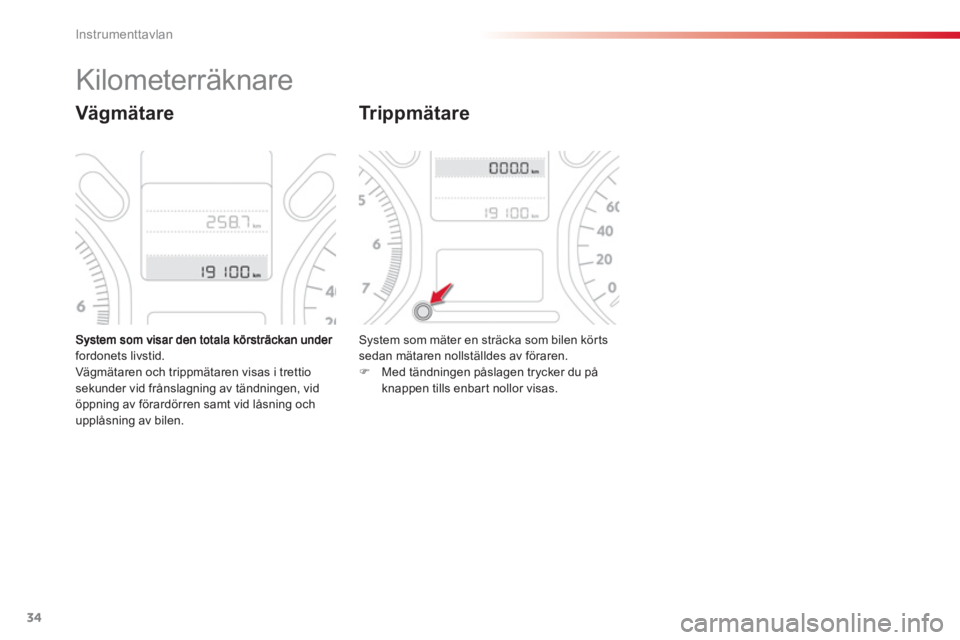 CITROEN C-ELYSÉE 2014  InstruktionsbÖcker (in Swedish) 34
Instrumenttavlan
fordonets livstid. Vägmätaren och trippmätaren visas i trettio sekunder vid frånslagning av tändningen, vid 
öppning av förardörren samt vid låsning och
upplåsning av bil