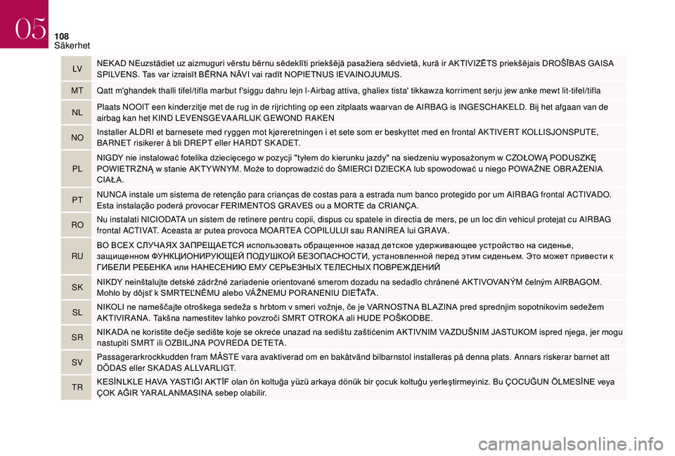 CITROEN DS3 CABRIO 2018  InstruktionsbÖcker (in Swedish) 108
LVNEK AD 	 NEuzstādiet 	 uz 	 aizmuguri 	 vērstu 	 bērnu 	 sēdeklīti 	 priekšējā 	 pasažiera 	 sēdvietā, 	 kurā 	 ir 	 AKTIVIZĒTS 	 priekšējais 	 DROŠĪBAS 	 GAISA 	S
PILVENS. 	 Ta