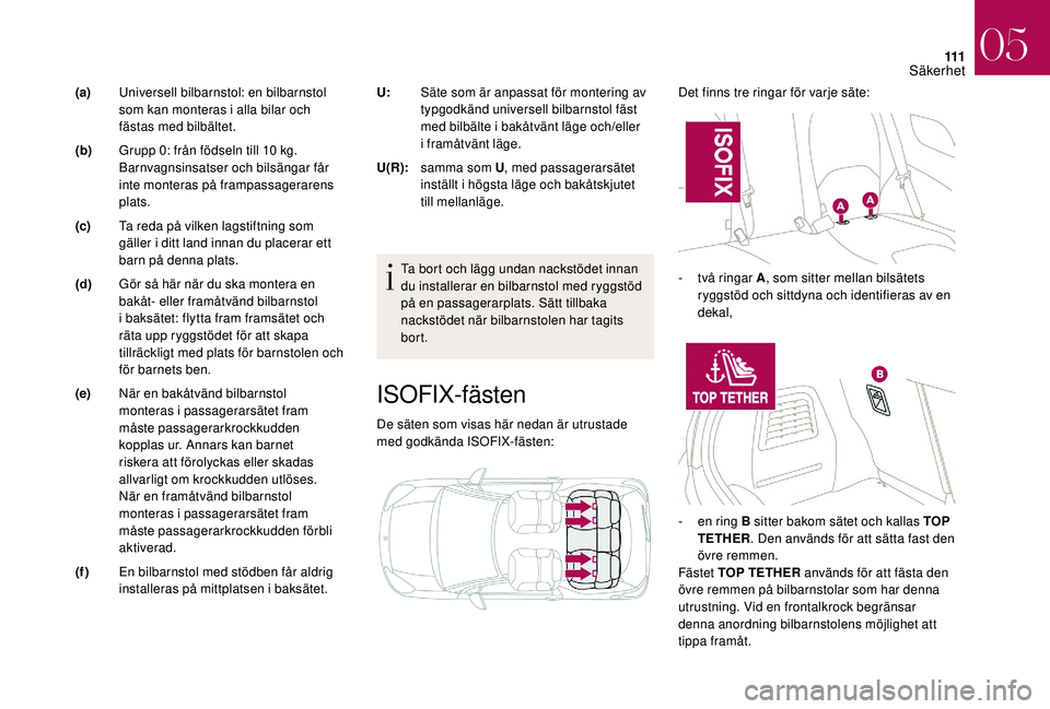 CITROEN DS3 CABRIO 2018  InstruktionsbÖcker (in Swedish) 111
ISOFIX-fästen
De säten som visas här nedan är utrustade 
med godkända ISOFIX-fästen:Det finns tre ringar för varje säte:
Ta bort och lägg undan nackstödet innan 
du installerar en bilbar