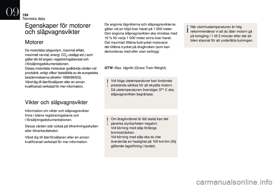 CITROEN DS3 CABRIO 2018  InstruktionsbÖcker (in Swedish) 194
Egenskaper för motorer 
och släpvagnsvikter
Motorer
De motordata (slagvolym, maximal effekt, 
maximalt varvtal, energi, CO
2-utsläpp etc.) som 
gäller din bil anges i 
registreringsbeviset och