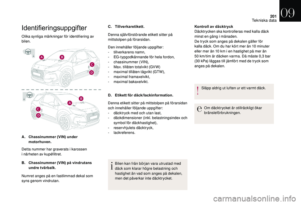 CITROEN DS3 CABRIO 2018  InstruktionsbÖcker (in Swedish) 201
Identifieringsuppgifter
Olika synliga märkningar för identifiering av 
bilen.
A.Chassinummer (VIN) under 
motorhuven.
B. Chassinummer (VIN) på vindrutans 
undre tvärbalk. C.
Tillverkaretikett.