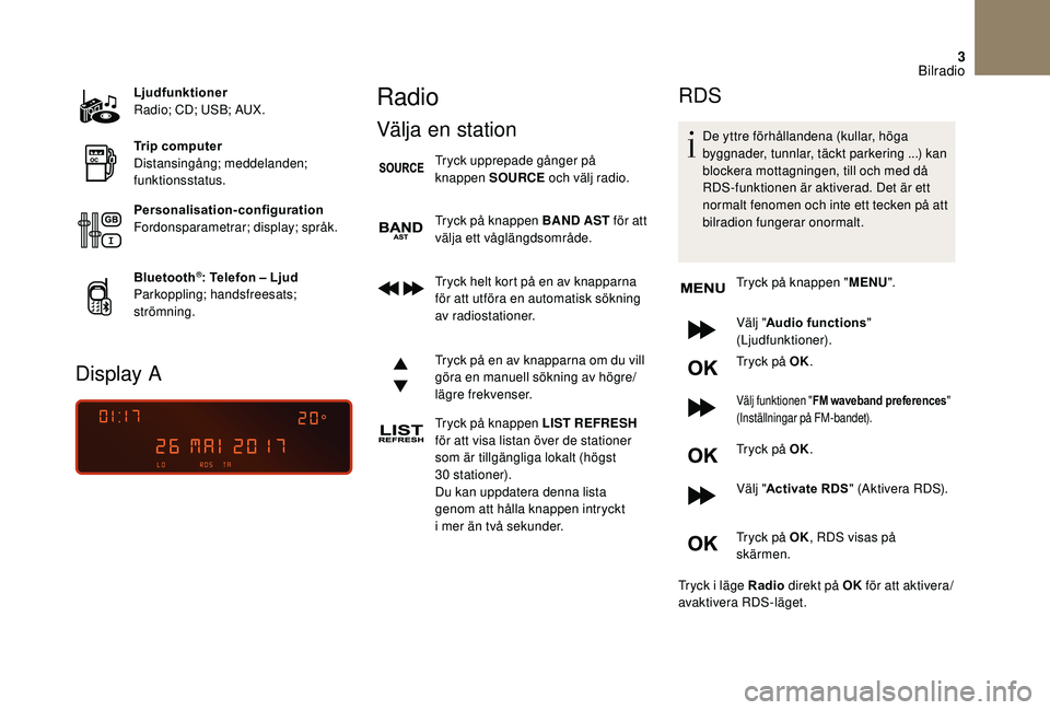 CITROEN DS3 CABRIO 2018  InstruktionsbÖcker (in Swedish) 3
Ljudfunktioner
Radio; CD; USB; AUX.
Trip computer
Distansingång; meddelanden; 
funktionsstatus.
Personalisation-configuration
Fordonsparametrar; display; språk.
Bluetooth
®: Telefon – Ljud
Park