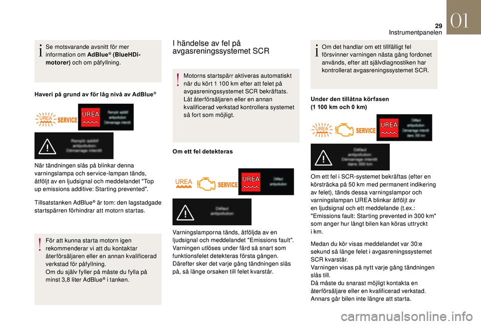 CITROEN DS3 2018  InstruktionsbÖcker (in Swedish) 29
Se motsvarande avsnitt för mer 
information om AdBlue® (BlueHDi-
motorer)  och om påfyllning.
Haveri på grund av för låg nivå av AdBlue
®
Tillsatstanken AdBlue® är tom: den lagstadgade 
s