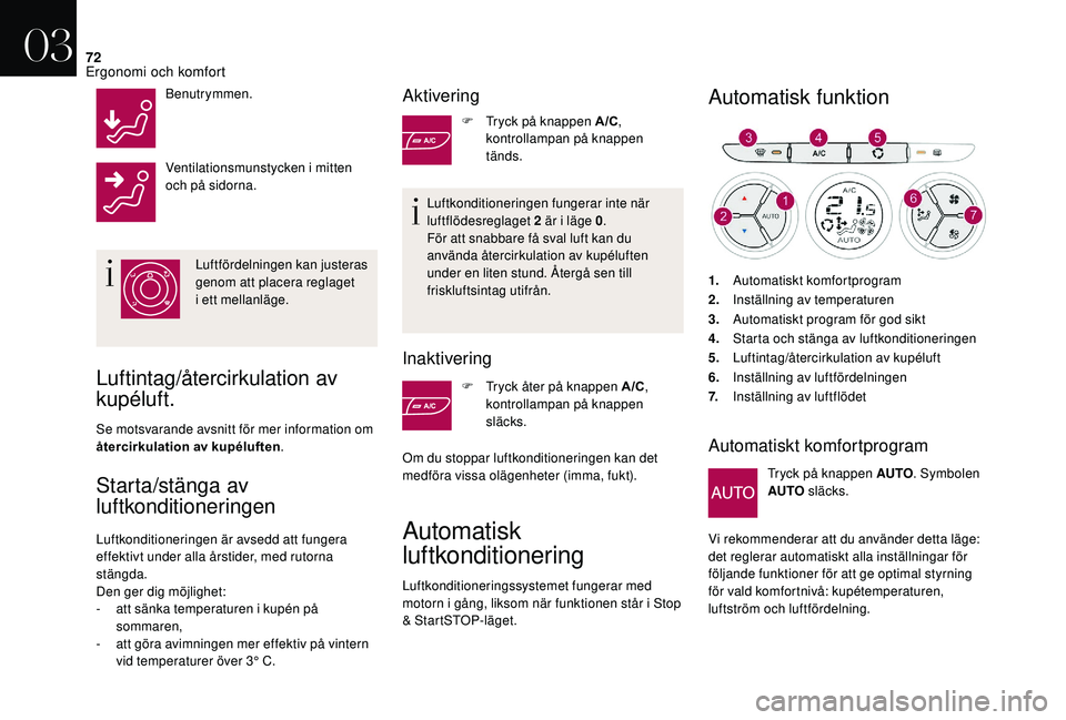 CITROEN DS3 2018  InstruktionsbÖcker (in Swedish) 72
Benutrymmen.
Ventilationsmunstycken i  mitten 
och på sidorna.
Luftfördelningen kan justeras 
genom att placera reglaget 
i
 

ett mellanläge.
Luftintag/återcirkulation av 
kupéluft.
Se motsva