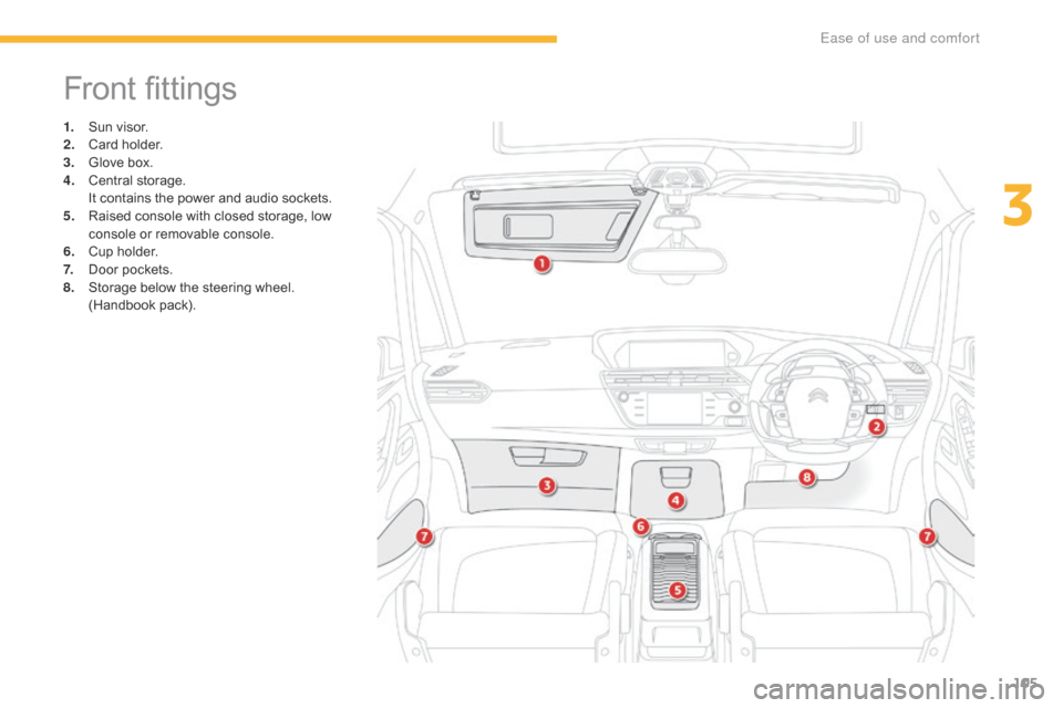Citroen GRAND C4 PICASSO RHD 2016 2.G Owners Manual 105
Front fittings
1. Sun visor.
2. C ard  holder.
3.
 G
love  box.
4.
 C
entral
 s
torage.
 I
t  contains  the  power  and  audio  sockets.
5.
 R
aised  console  wi Citroen GRAND C4 PICASSO RHD 2016 2.G Owners Manual 105
Front fittings
1. Sun visor.
2. C ard  holder.
3.
 G
love  box.
4.
 C
entral
 s
torage.
 I
t  contains  the  power  and  audio  sockets.
5.
 R
aised  console  wi