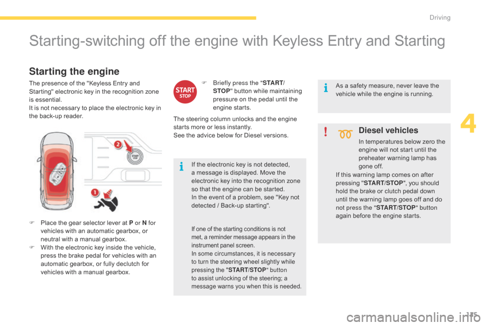 Citroen GRAND C4 PICASSO RHD 2016 2.G Owners Manual 125
Starting-switching off the engine with Keyless Entry and Starting
F Place  the   gear   selector   lever   at   P or N for 
vehicles   with   an   automatic   gearbox,   or  
