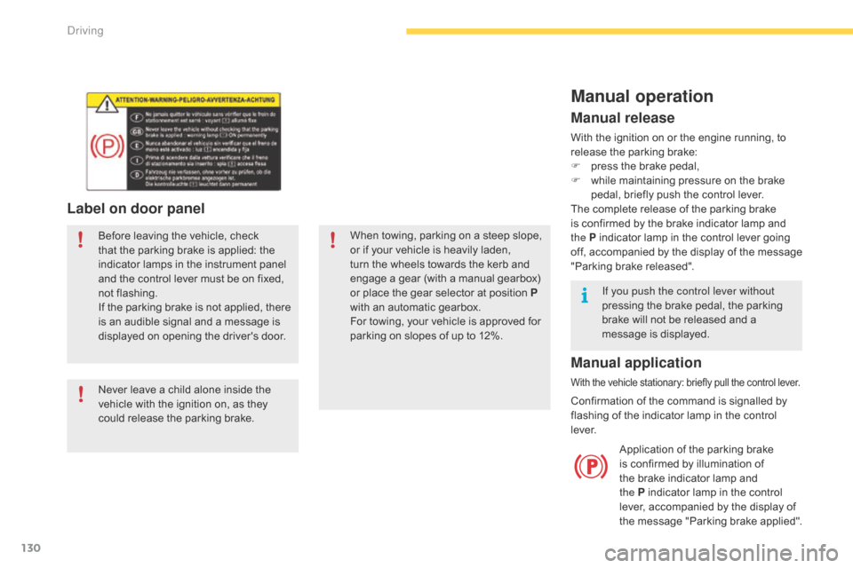 Citroen GRAND C4 PICASSO RHD 2016 2.G Owners Manual 130
Label on door panel
Before leaving the vehicle, check that   the   parking   brake   is   applied:   the  
i

ndicator   lamps   in   the   instrument   panel  
a

nd   the   c