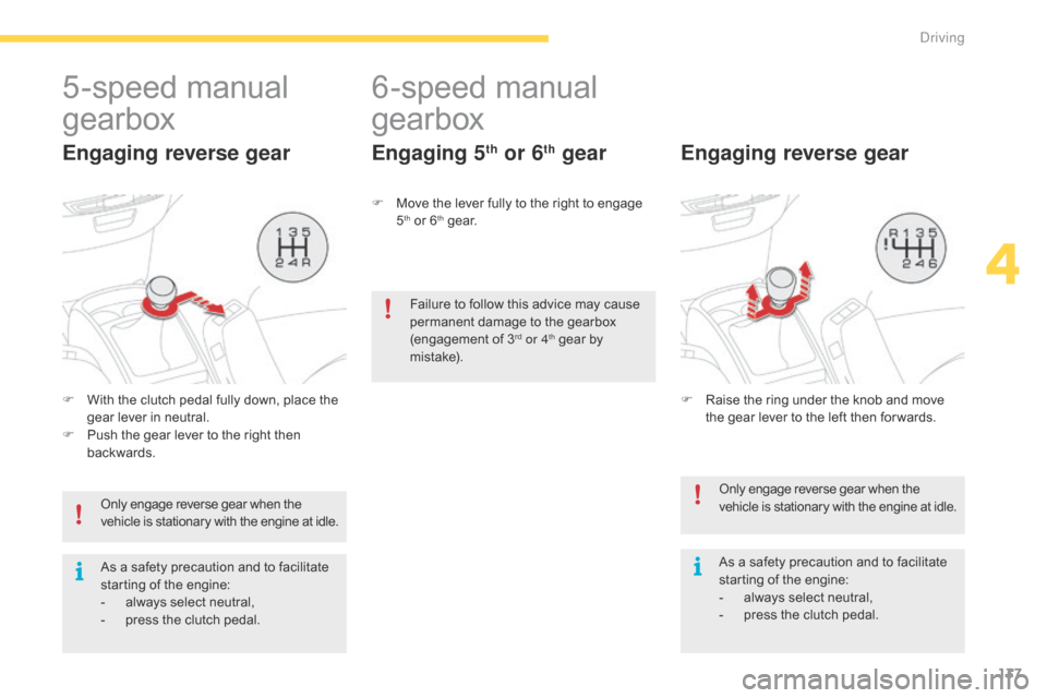 Citroen GRAND C4 PICASSO RHD 2016 2.G Owners Manual 137
5-speed manual 
g
earbox
Engaging reverse gear
F With   the   clutch   pedal   fully   down,   place   the  g
ear   lever   in   neutral.
F
 
P
 ush   the   gear   lever   to  