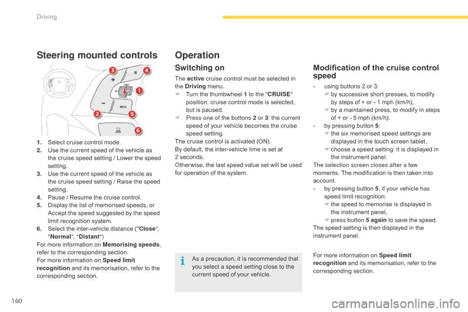 Citroen GRAND C4 PICASSO RHD 2016 2.G Owners Manual 160
1. Select  cruise   control   mode.
2. U se   the   current   speed   of   the   vehicle   as  
t

he   cruise   speed   setting   /   Lower   the   speed  
se

tting.
3.
 U
