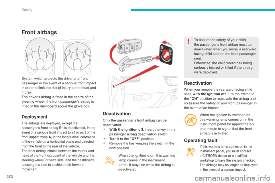 Citroen GRAND C4 PICASSO RHD 2016 2.G Owners Manual 232
Deactivation
When the ignition is on, this warning lamp   comes   in   the   instrument  
p

anel.   It   stays   on   while   the   airbag   is  
d

eactivated.
Front airbags
