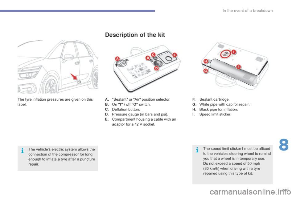 Citroen GRAND C4 PICASSO RHD 2016 2.G Owners Manual 283
A. "Sealant"  or   "Air"   position   selector.
B.  On "I" 
/   off   "O" s witch.
C.
 D

eflation   button.
D.
 P

ressure   gauge   (in   bars   and   psi).
E.
 C

ompartment 