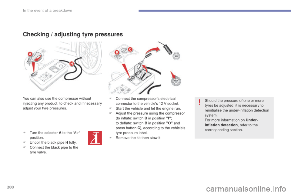 Citroen GRAND C4 PICASSO RHD 2016 2.G Owners Manual 288
Checking / adjusting tyre pressures
You can also use the compressor without injecting   any   product,   to   check   and   if   necessary  
a

djust   your   tyre   pressures.
F