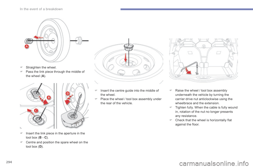 Citroen GRAND C4 PICASSO RHD 2016 2.G Owners Manual 294
F Insert  the   link   piece   in   the   aperture   in   the  t
ool   box   (B
  -   C). F
 
I
 nsert   the   centre   guide   into   the   middle   of  
t

he   wheel.
F 