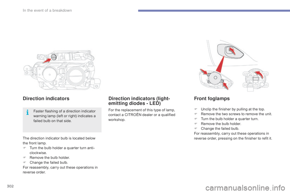 Citroen GRAND C4 PICASSO RHD 2016 2.G Owners Manual 302
The direction indicator bulb is located below the   front   lamp.
F
 
T
 urn   the   bulb   holder   a   quarter   turn   anti-
clockwise.
F
 
R
 emove   the   bulb   holder.
