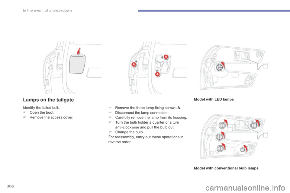 Citroen GRAND C4 PICASSO RHD 2016 2.G Owners Manual 306
Lamps on the tailgateModel with LED lamps
Model with conventional bulb lamps
Identify
Â
the
Â
failed
Â
bulb.
F
Â
O
pen
Â
the
Â
boot.
F
Â
R
emove
Â
the
Â
access
Â
cover. F
Â
R
emove
 Citroen GRAND C4 PICASSO RHD 2016 2.G Owners Manual 306
Lamps on the tailgateModel with LED lamps
Model with conventional bulb lamps
Identify
Â
the
Â
failed
Â
bulb.
F
Â
O
pen
Â
the
Â
boot.
F
Â
R
emove
Â
the
Â
access
Â
cover. F
Â
R
emove
Â